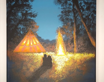 Original Campfire Acrylic Painting, Starry Night Forest Landscape
