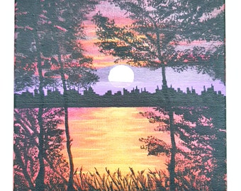 Sunset Forest Acrylic Canvas Painting, Landscape Sunset Lake Canvas Painting, Cityscape Forest Acrylic Painting, Original Painting