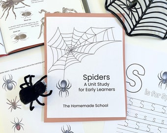 May include: A printable worksheet for early learners featuring a spider web, a spider, and the letter 'S' with the phrase 'S is for Spider'. The worksheet is titled 'Spiders: A Unit Study for Early Learners' and is from 'The Homemade School'.