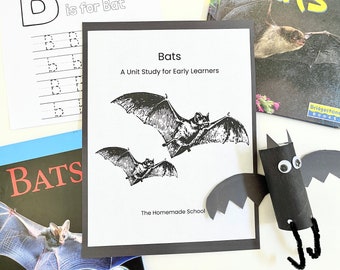 May include: A black and white printable worksheet with the title "Bats: A Unit Study for Early Learners" and the text "The Homemade School". The worksheet features two black and white illustrations of bats.