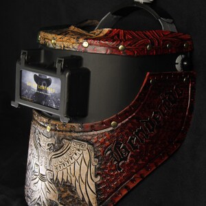 Lasmasker, lasmuts, #customleathermask, laskap, suikerschep, sugarscoopweldingmask, lassen, gelaatsscherm, leren lasmasker afbeelding 3