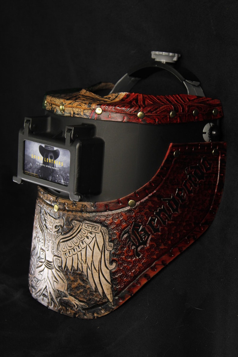 Lasmasker, lasmuts, #customleathermask, laskap, suikerschep, sugarscoopweldingmask, lassen, gelaatsscherm, leren lasmasker afbeelding 3