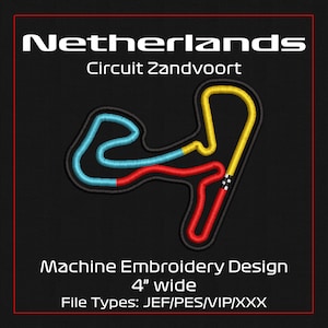 May include: Machine embroidery design of the Circuit Zandvoort racetrack in the Netherlands. The track is outlined in blue, red, and yellow, with a checkered flag at the finish line. The design is 4 inches wide.