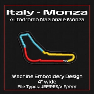 Puede incluir: Diseño de bordado a máquina del circuito de Monza en Italia. El diseño tiene 4 pulgadas de ancho y está disponible en los formatos de archivo JEF, PES, VIP y XXX. La pista está delineada con hilo rojo, amarillo y azul.