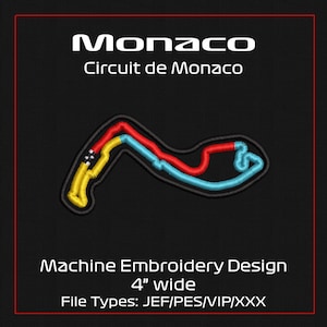 Op de afbeelding: Machine borduurontwerp van het Formule 1-circuit van Monaco, 10 cm breed. De bestandstypen omvatten JEF, PES, VIP en XXX.