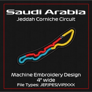 Puede incluir: Diseño de bordado a máquina del circuito Jeddah Corniche en Arabia Saudita. La pista está delineada en negro con secciones en rojo, azul y amarillo. El diseño mide 10,16 cm de ancho e incluye el texto "Saudi Arabia" y "Jeddah Corniche Circuit".