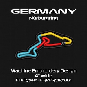 Op de afbeelding: Een machineborduurontwerp van het Nürburgring-circuit in Duitsland. De omtrek van het circuit bevat lichtblauwe, rode en gele segmenten met een geblokt patroon. De tekst luidt GERMANY, Nürburgring, Machine Embroidery Design, 4" wide, JEF/PES/VIP/XXX.