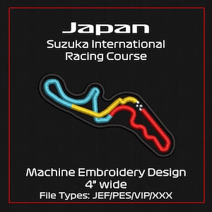 Puede incluir: Diseño de bordado a máquina del Circuito Internacional de Suzuka en Japón. La pista está delineada en negro con secciones en azul, amarillo y rojo. El diseño mide 10 cm de ancho e incluye el texto "Japan" y "Suzuka International Racing Course".