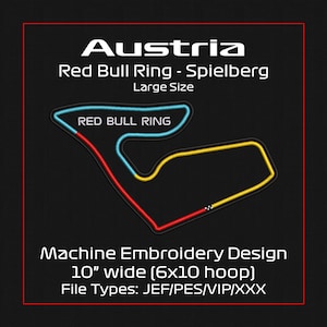 Puede incluir: Diseño de bordado a máquina del Red Bull Ring en Spielberg, Austria. El trazado de la pista está delineado en rojo, amarillo y azul sobre un fondo negro. El texto "Austria" y "Red Bull Ring - Spielberg" se muestran arriba. El diseño mide 25,4 cm de ancho.