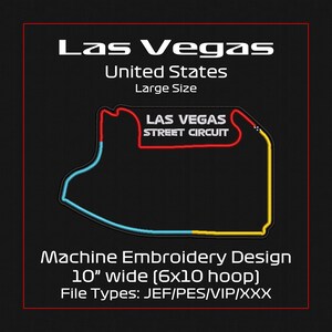 Op de afbeelding: Machine borduurontwerp van het Las Vegas Street Circuit racecircuit. Het ontwerp is 10 inch breed en past in een 6x10 hoepel. Bestandstypen omvatten JEF, PES, VIP en XXX.
