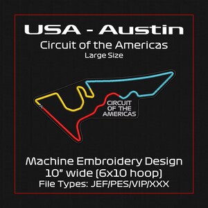 Peut inclure: Motif de broderie machine représentant le circuit des Amériques à Austin, Texas. Le motif comprend le texte "USA - Austin" et "Circuit of the Americas". Le motif mesure 25,4 cm de large et convient à un cercle de 15,24 x 25,4 cm.
