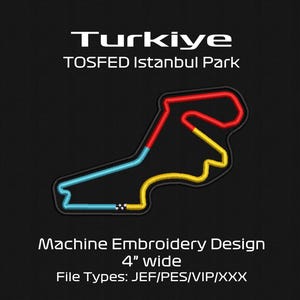 May include: A machine embroidery design of the TOSFED Istanbul Park race track in Turkiye. The track outline is stitched in red, yellow, and light blue on a black background. The design is 4 inches wide and includes JEF, PES, VIP, and XXX file types.