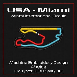 May include: Machine embroidery design of the Miami International Circuit race track in yellow, red, and blue thread. The design is 4 inches wide and available in JEF, PES, VIP, and XXX file formats.
