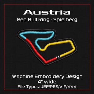 May include: Machine embroidery design of the Red Bull Ring race track in Austria, with the text "Austria" and "Red Bull Ring - Spielberg". The track is outlined in black, with sections in red, yellow, and blue. The design is 4 inches wide.