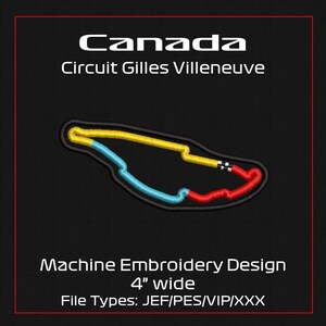 Może przedstawiać: Wzór do haftu maszynowego toru Circuit Gilles Villeneuve w Kanadzie. Projekt ma 10 cm szerokości i przedstawia kontur toru w kolorze żółtym, niebieskim i czerwonym na czarnym tle. Tekst zawiera "Canada" i "Circuit Gilles Villeneuve".