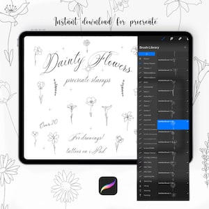 Könnte beinhalten: Eine digitale Illustration eines Sets mit 20 zarten Blumen-Stempeln für die Procreate-App. Das Bild zeigt eine Vielzahl von Blumen, darunter Mohnblumen, Gänseblümchen und Lavendel. Der Text "Dainty Flowers" und "Procreate Stamps" wird auf dem Bildschirm angezeigt.