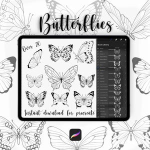 Op de afbeelding: Een digitale illustratie van meer dan 20 vlinderontwerpen voor gebruik in de Procreate-app. De vlinders zijn in zwart-wit getekend en zijn gerangschikt in een raster op een witte achtergrond. De tekst "Butterflies" is geschreven in een decoratief lettertype bovenaan de afbeelding. De tekst "Over 20" is geschreven in een kleiner lettertype onder het woord "Butterflies". De tekst "Instant download for procreate" is geschreven in een kleiner lettertype onderaan de afbeelding.