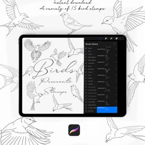 May include: A digital illustration of 15 different bird stamps for Procreate. The image shows a variety of birds in different poses, including flying, perched, and in flight. The text "Birds Procreate Stamps" is written in a stylized font.