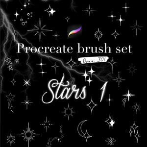 Könnte beinhalten: Schwarzer Hintergrund mit weißen Sternillustrationen und dem Text "Procreate brush set Stars 1". Das Bild enthält verschiedene Sterndesigns, einen Mond und das Procreate App-Logo. Der Text "Over 30!" ist ebenfalls vorhanden.