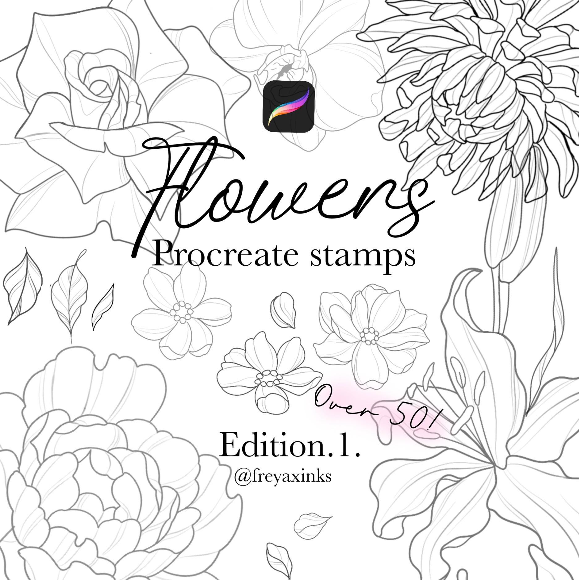 Flowers Edition 1: Pinceles de sellos florales para Procreate estilo tatuaje (50+ flores y hojas)