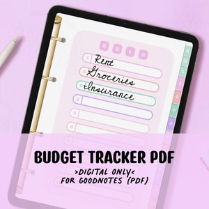Puede incluir: Un PDF de seguimiento de presupuesto digital para Goodnotes, que se muestra en la pantalla de una tableta. El seguimiento tiene un fondo rosa con líneas y cuadros de texto de colores. Los cuadros de texto están etiquetados como "Alquiler", "Comestibles" y "Seguro".