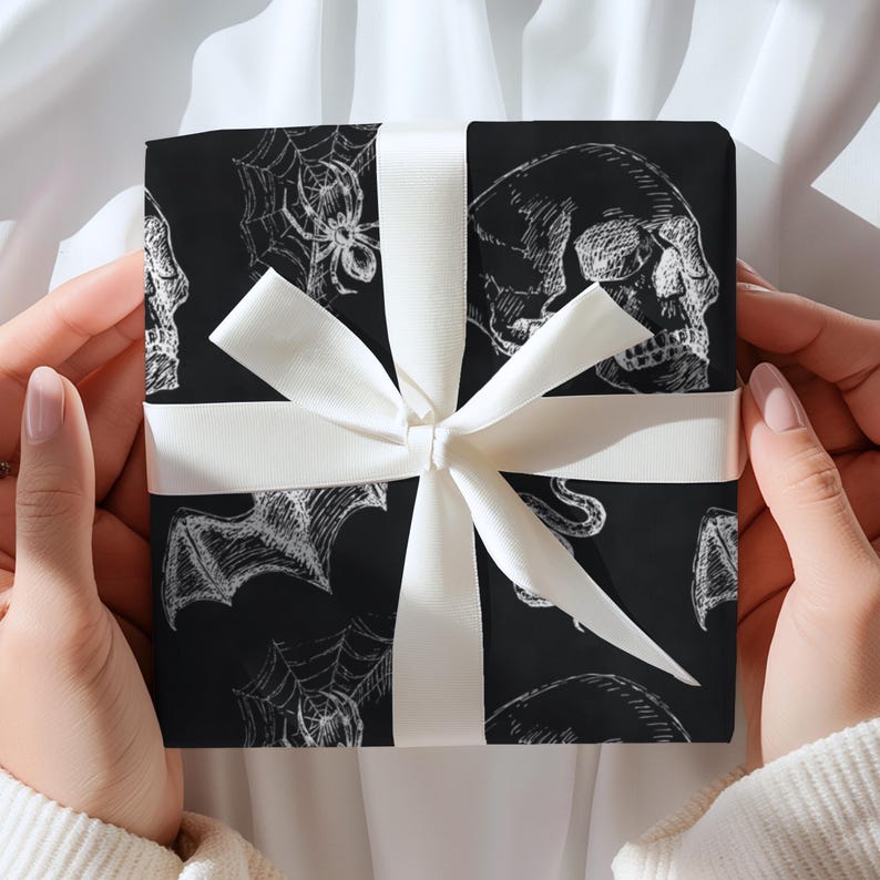 Skull & Bats Goth Wrapping Paper - the Perfect Gift Wrap for a Halloween Gift Box, Boo Basket Stuffers, or Boo Basket Fillers