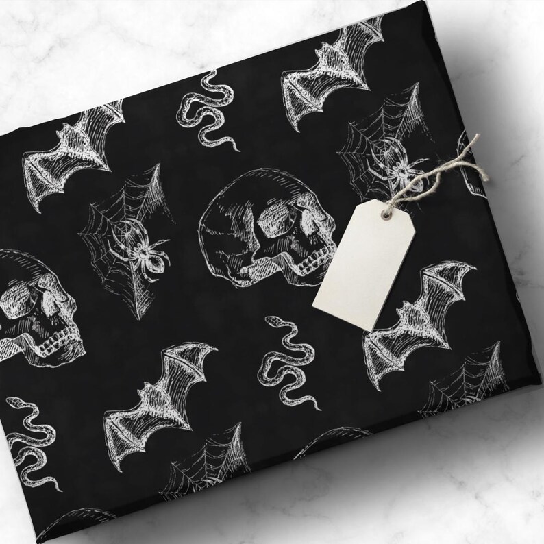 Skull & Bats Goth Wrapping Paper - the Perfect Gift Wrap for a Halloween Gift Box, Boo Basket Stuffers, or Boo Basket Fillers