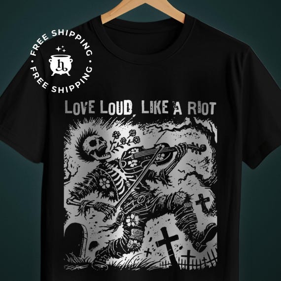 Folk Punk Skeleton Linocut Shirt - Offensive T Shirts - Love Loud, Like A Riot