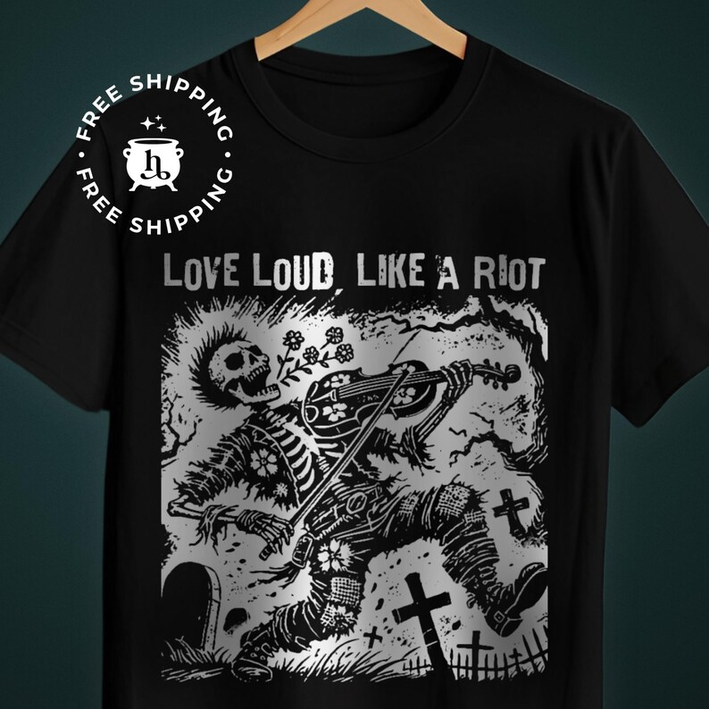Folk Punk Skeleton Linocut Shirt - Offensive T Shirts - Love Loud, Like A Riot image 1