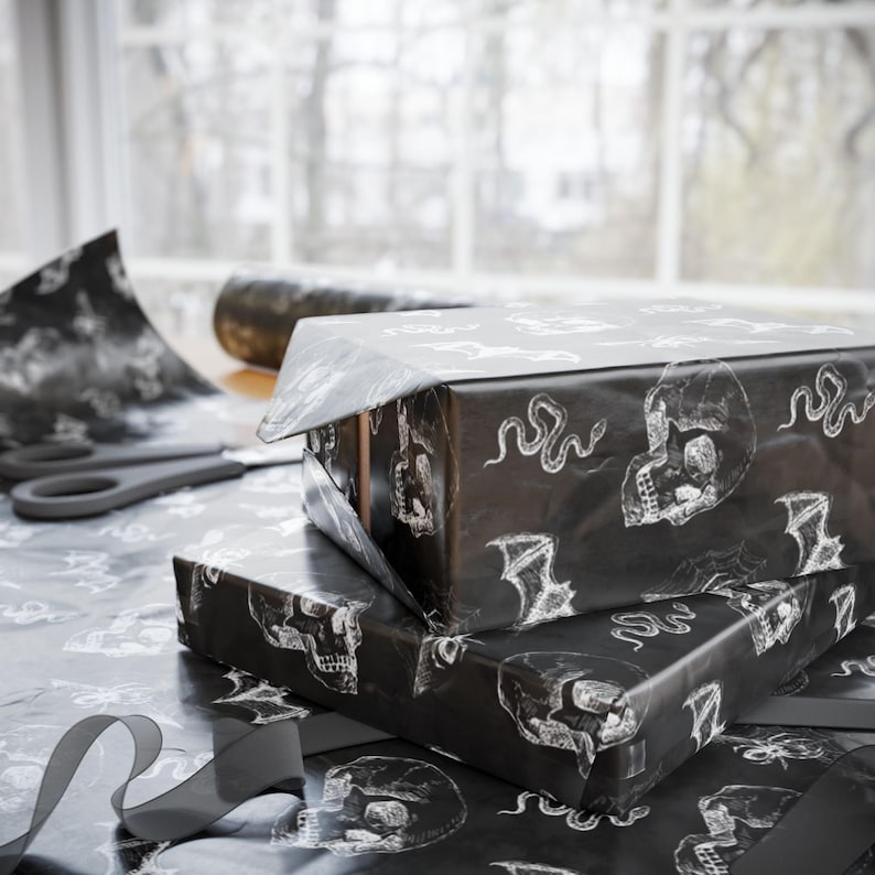 Skull & Bats Goth Wrapping Paper - the Perfect Gift Wrap for a Halloween Gift Box, Boo Basket Stuffers, or Boo Basket Fillers