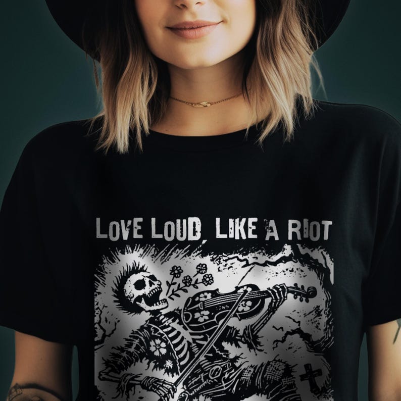 Folk Punk Skeleton Linocut Shirt - Offensive T Shirts - Love Loud, Like A Riot image 2