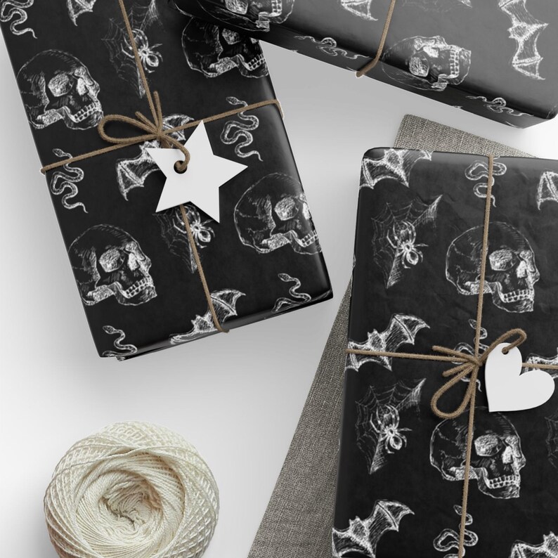 Skull & Bats Goth Wrapping Paper - the Perfect Gift Wrap for a Halloween Gift Box, Boo Basket Stuffers, or Boo Basket Fillers