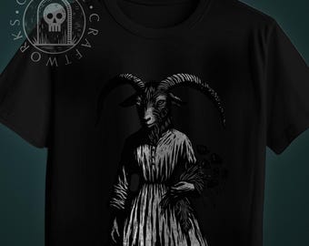 Folk Horror Linocut T Shirt - Baphomet inspired occult black TShirt