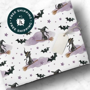 Papel de regalo de Halloween con diseño de gato bruja – Ideal para rellenar cestas de Halloween