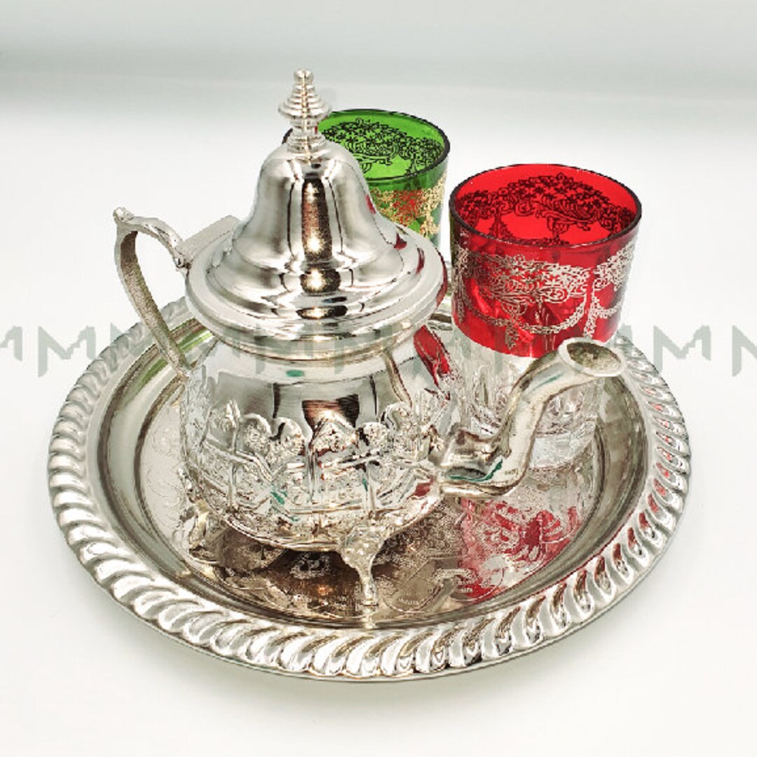 Traditional Moroccan Tea Set With a Teapot and 2 Glass Tea Cups Etsy