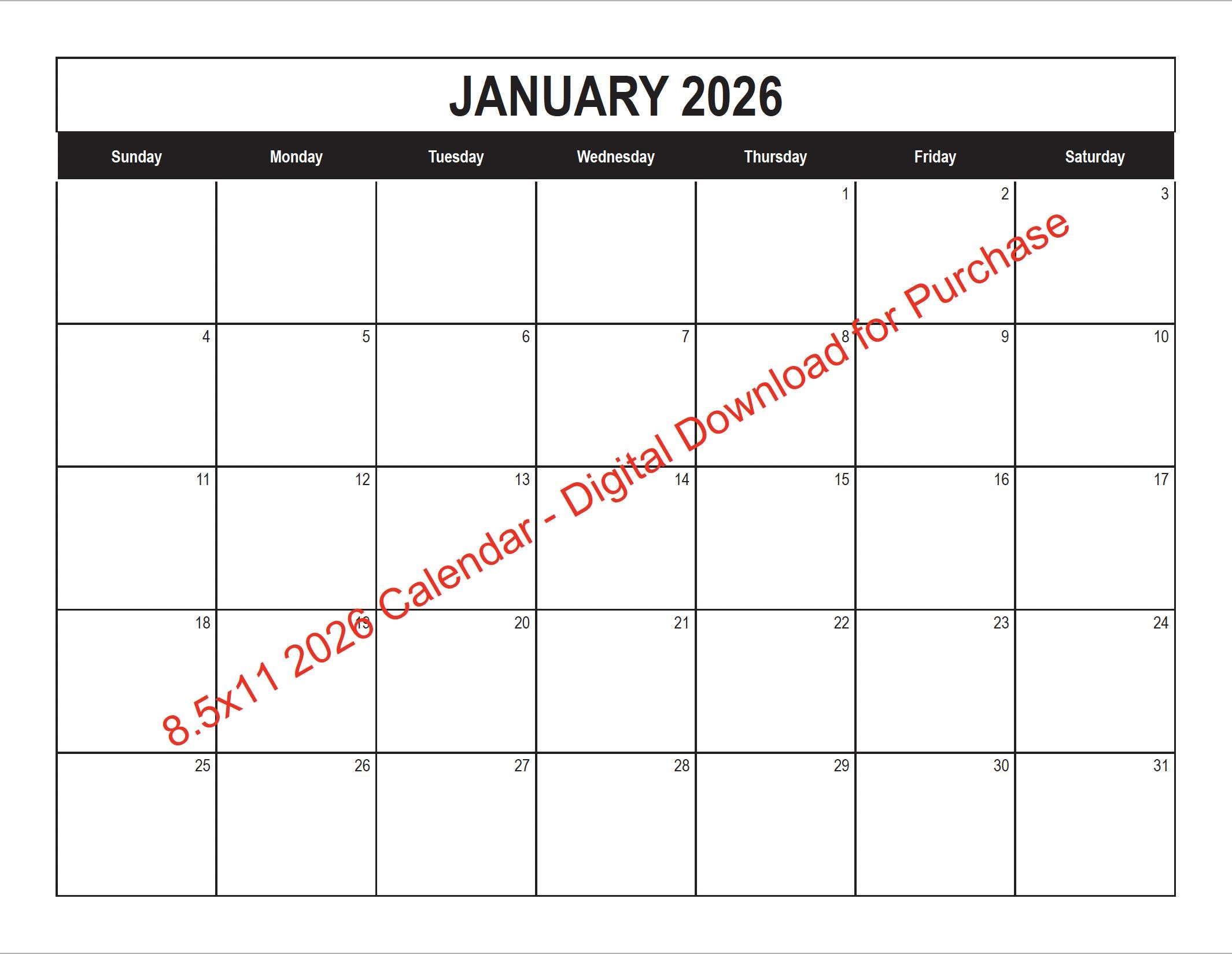 2026 Printable Calendar 8.5x11 Digital Download Printable Etsy