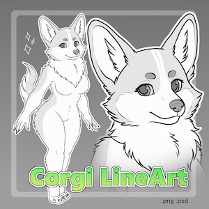 May include: Black and white digital art of a corgi-like character in a standing pose and a close-up of the head. The text "Corgi LineArt" is displayed in green and yellow. The image is on a gray background.