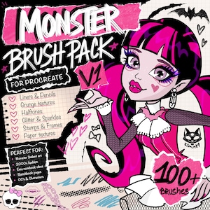 May include: A digital product advertisement for a Monster Brush Pack V1 for Procreate featuring a cartoon character with black and pink hair, a list of brush types including liners, grunge textures, halftones, glitter, and stamps, plus 100+ brushes.