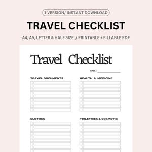 Travel Checklist, Packing List, Trip Organizer, Vacation Planner, Trip Essentials, Travel Guide, Printable Fillable PDF, A4/A5/Letter Size