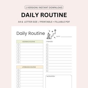 Rutina diaria en PDF, agenda diaria, lista de mañana, tarde y noche, planificador motivacional, afirmación diaria, para rellenar e imprimir, tamaño A4/carta
