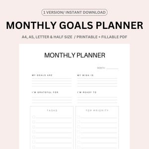 Planificador de objetivos mensuales, seguimiento de sus objetivos, establecimiento de prioridades, plan de éxito, crecimiento personal, PDF rellenable e imprimible, A4/A5/carta/media página