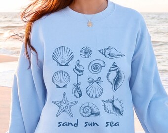Seashell Collage Sweatshirt, Beach Graphic, Summer Nautical Style