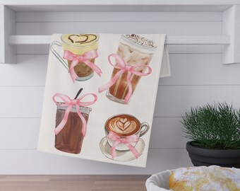 Coquette Coffee Dishtowel, Pink Bows, Girly Kitchen Decor