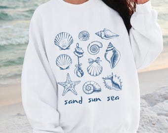 Seashell Collage Sweatshirt, Beach Graphic, Summer Nautical Style