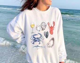 Watercolor Seafood Sweatshirt, Coastal Summer Vacation, Beach Wear