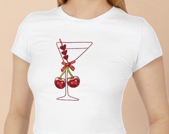 Cherry Martini Graphic Baby Tee, Y2K Crop Top