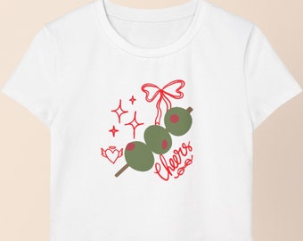 Coquette Martini Olive Doodle Crop Top, Y2K Organic Cotton Baby Tee