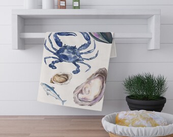 Vintage Watercolor Seafood Kitchen Towel, Coastal Decor
