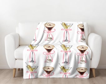 Martini Art Velveteen Blanket, Martini Glasses Cozy Blanket, Coquette Pink Bow Blanket, Housewarming Gift for Her, Espresso Martini Gifts