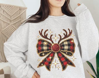 Coquette Christmas Reindeer Plaid Bow Sweatshirt, Girly Holiday Outfit